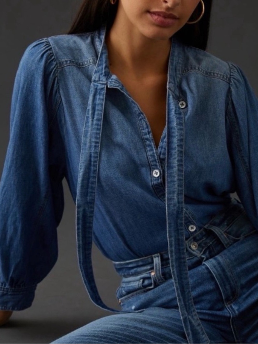 Pilcro Blue Denim Button-Down Tie-Neck Shirt